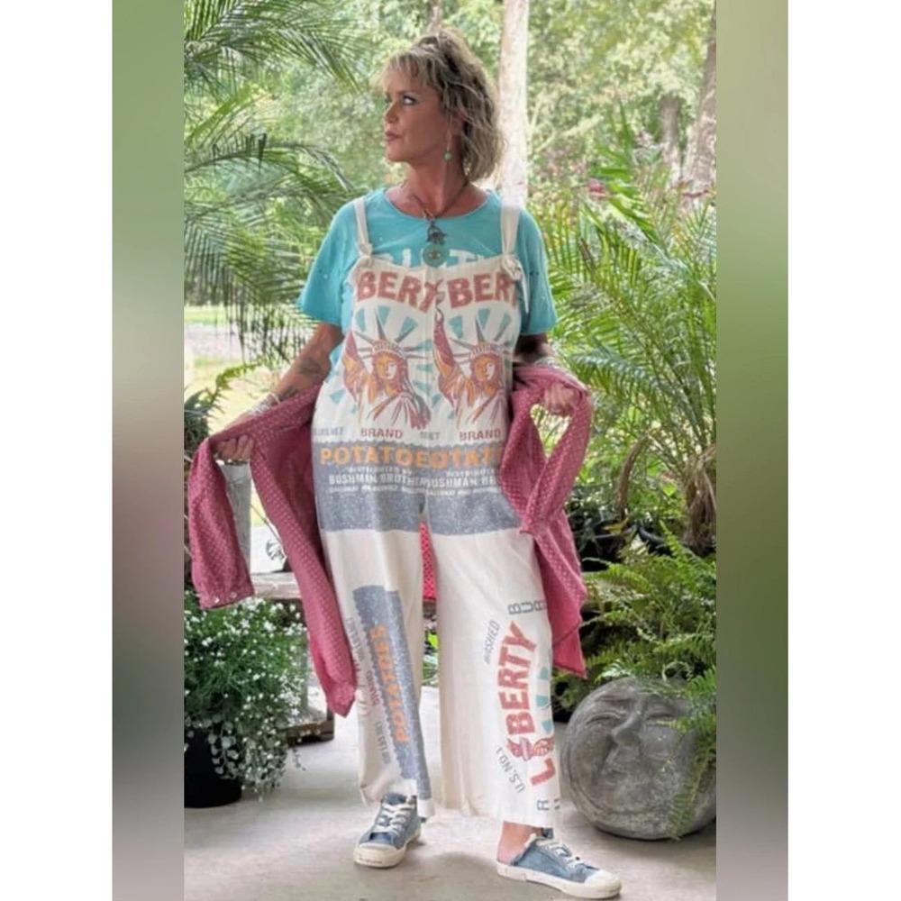 Jaded Gypsy Market Fresh Overalls Women S/M Cream Liberty Potato Sack Graphic